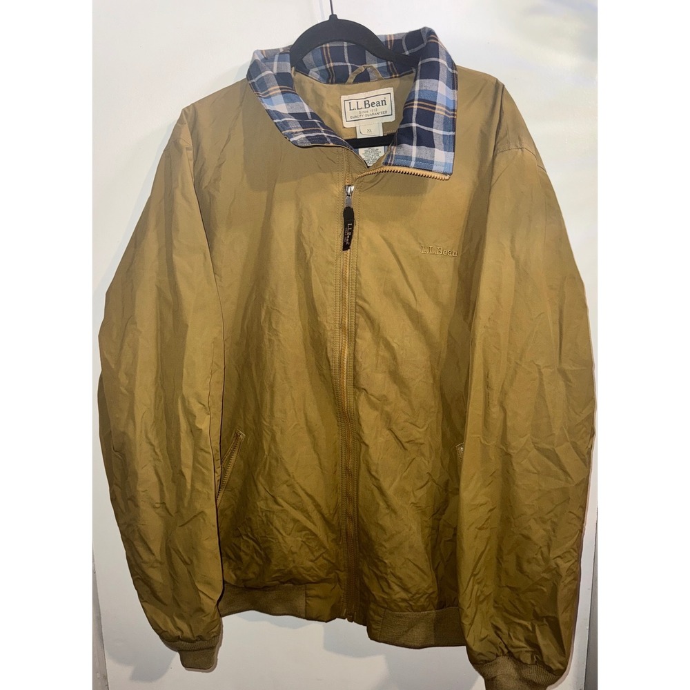 LL Bean Warm-Up Jacket Mens XL Tall Tan Nylon Plaid Flannel Lined Zip